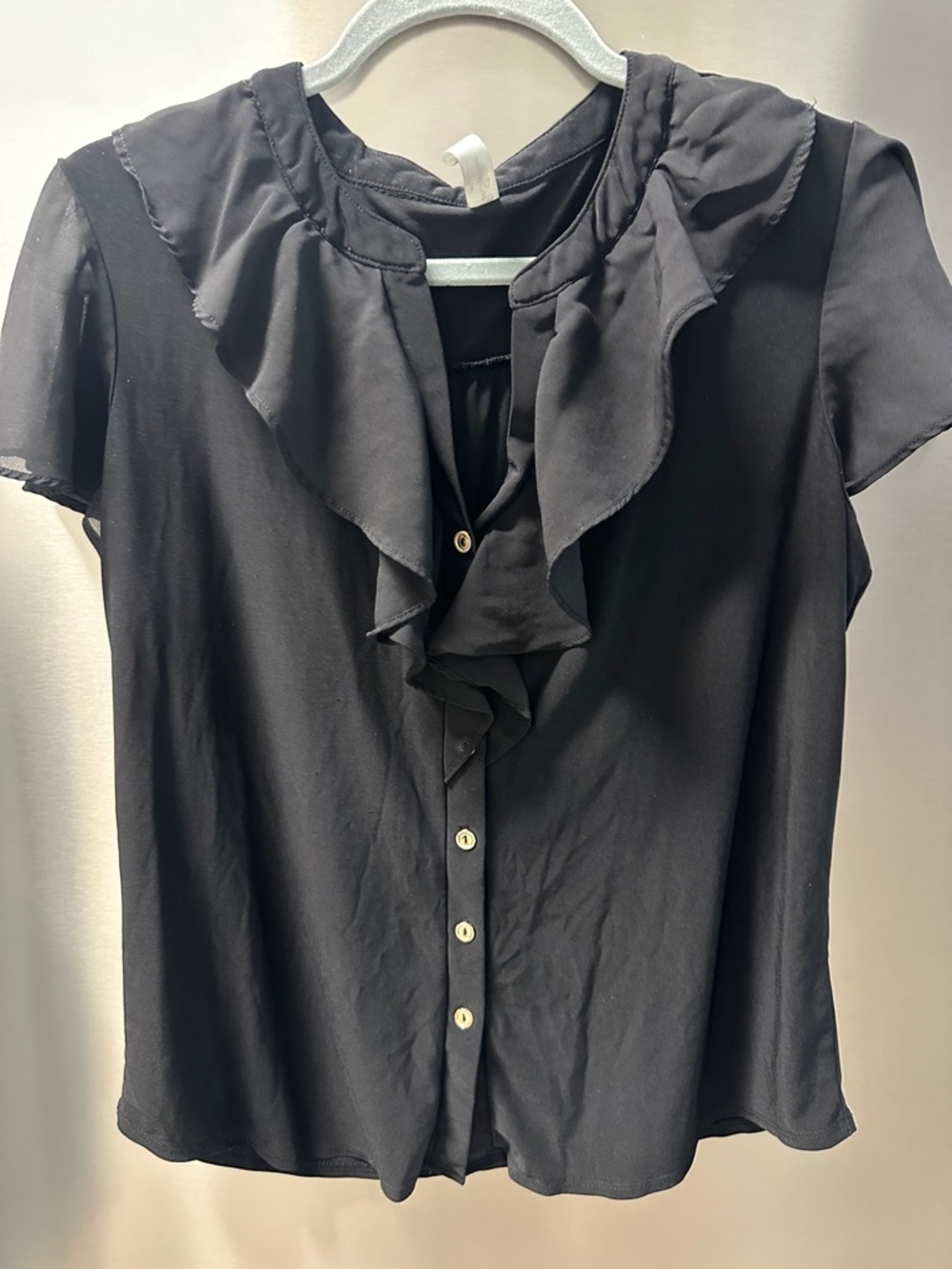 PerSeption Concept Black Ruffle-Front Short Sleeve Blouse